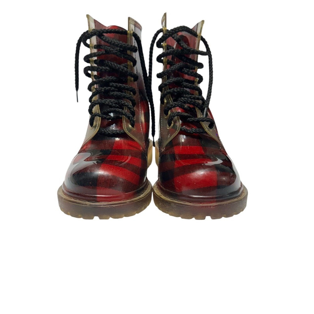 Dirty Laundry Red Black Buffalo Plaid Combat Rain Boots Size Y‎ 6 Lace Up Grunge